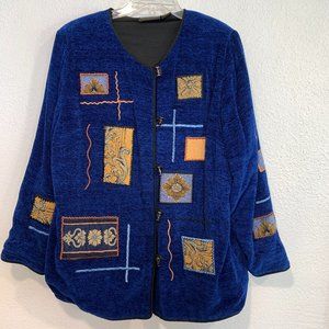 Vintage Allure Blue Jacket Floral Embroidered Patchwork Lined EUC Women XL 14/16